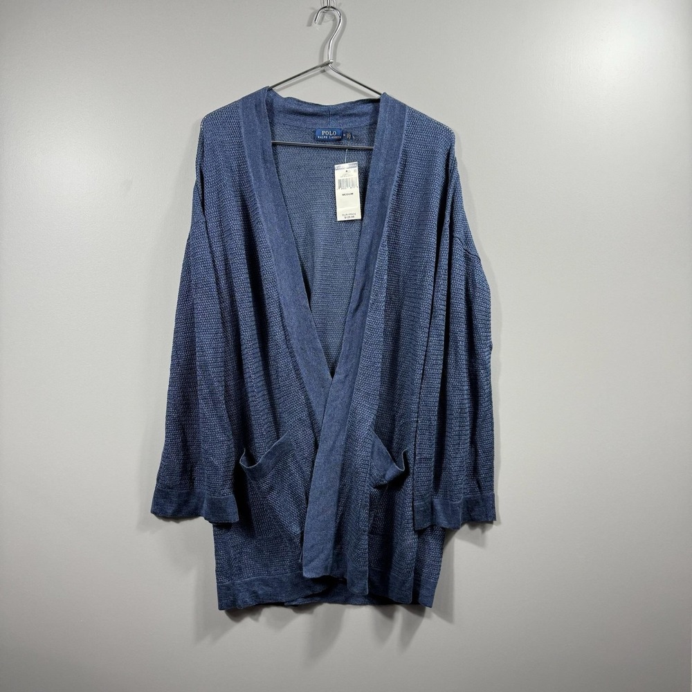 Polo Ralph Lauren Sweater Mens Medium Blue Knit Open Front Cardigan Pockets